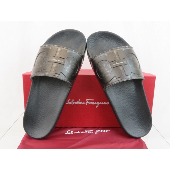 NIB FERRAGAMO GROOVE 5 TRANSPARENT BLACK RUBBER GANCINI LOGO SANDALS SLIDES 8 M main image 11